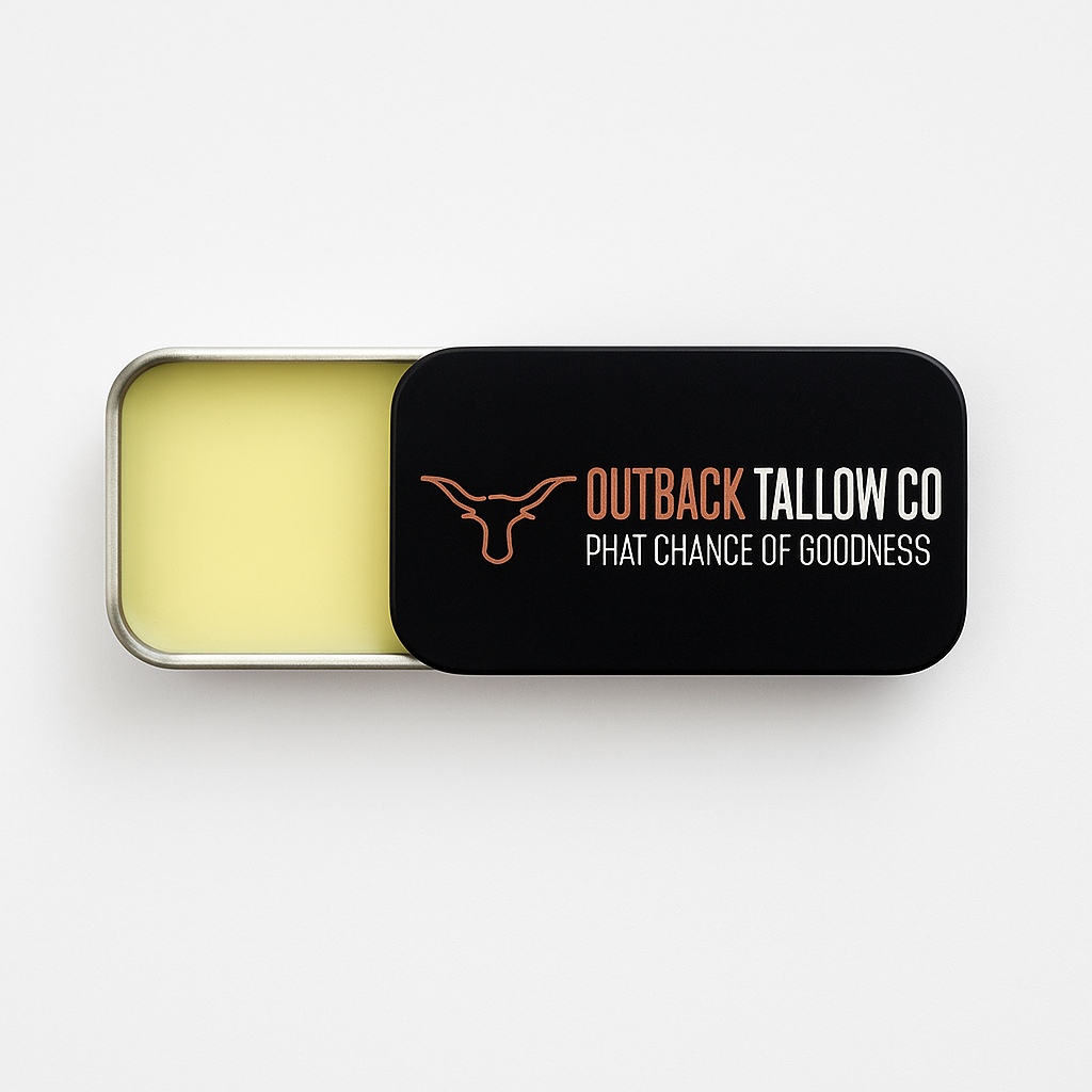 THE OG 10g slide tin by Outback Tallow Co open showing balm