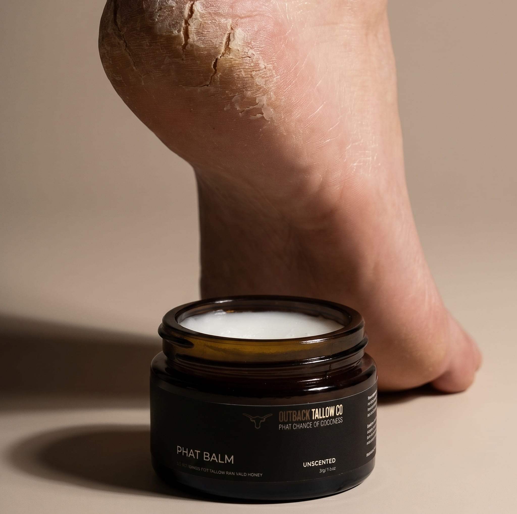 PHAT BALM grass fed beef tallow balm being applied to dry cracked heels and feet concentrated natural skincare for rough dry skin eczema psoriasis no synthetic fragrance fast dispatch Australia wide free shipping over $100 Outback Tallow Co Townsville Queensland Australia