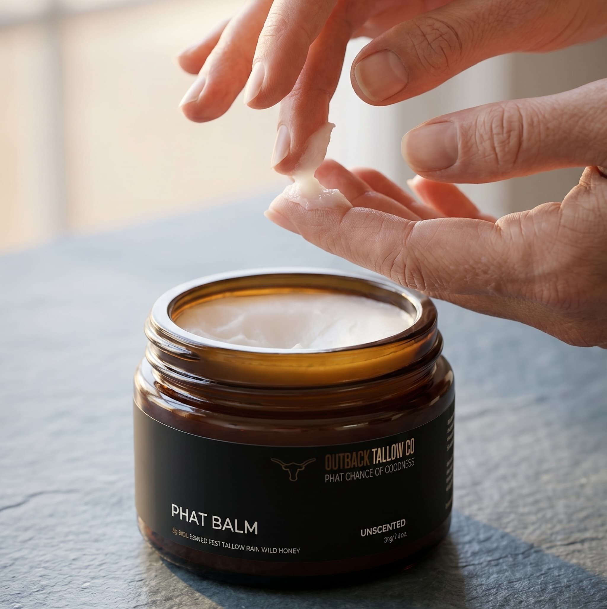 PHAT BALM grass fed beef tallow balm finger scooping firm concentrated balm from amber glass jar for dry cracked and stressed skin natural skincare no synthetic fragrance fast dispatch Australia wide free shipping over $100 Outback Tallow Co Townsville Queensland Australia