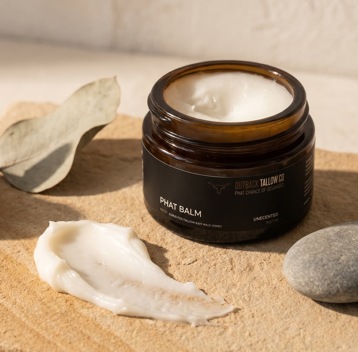 PHAT BALM grass fed beef tallow balm amber glass jar on natural rustic surface concentrated skincare for dry cracked stressed eczema and psoriasis prone skin no synthetic fragrance fast dispatch Australia wide free shipping over $100 Outback Tallow Co Townsville Queensland Australia