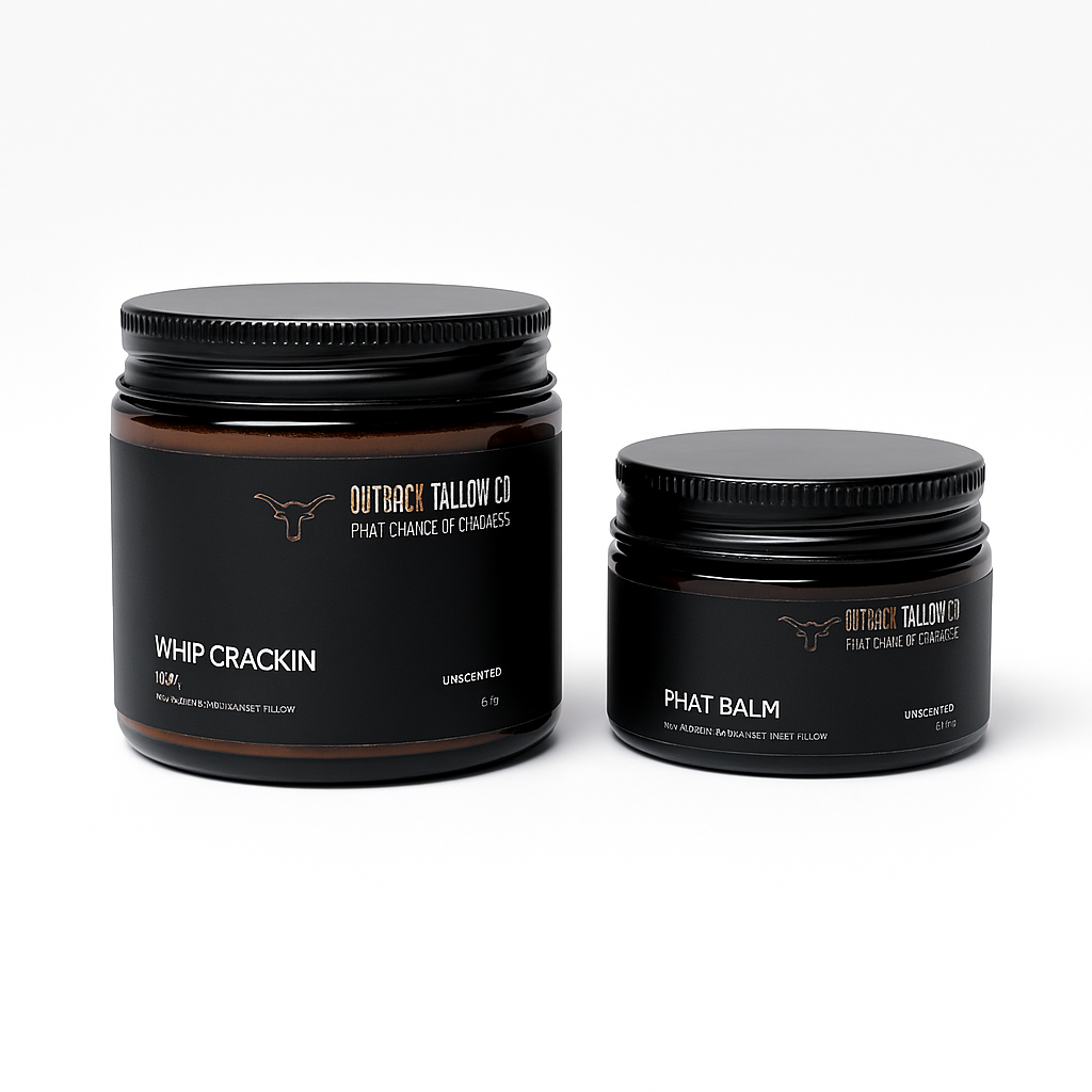 PHAT Balm and Whip Crackin jars side by side, Outback Tallow Co bundle