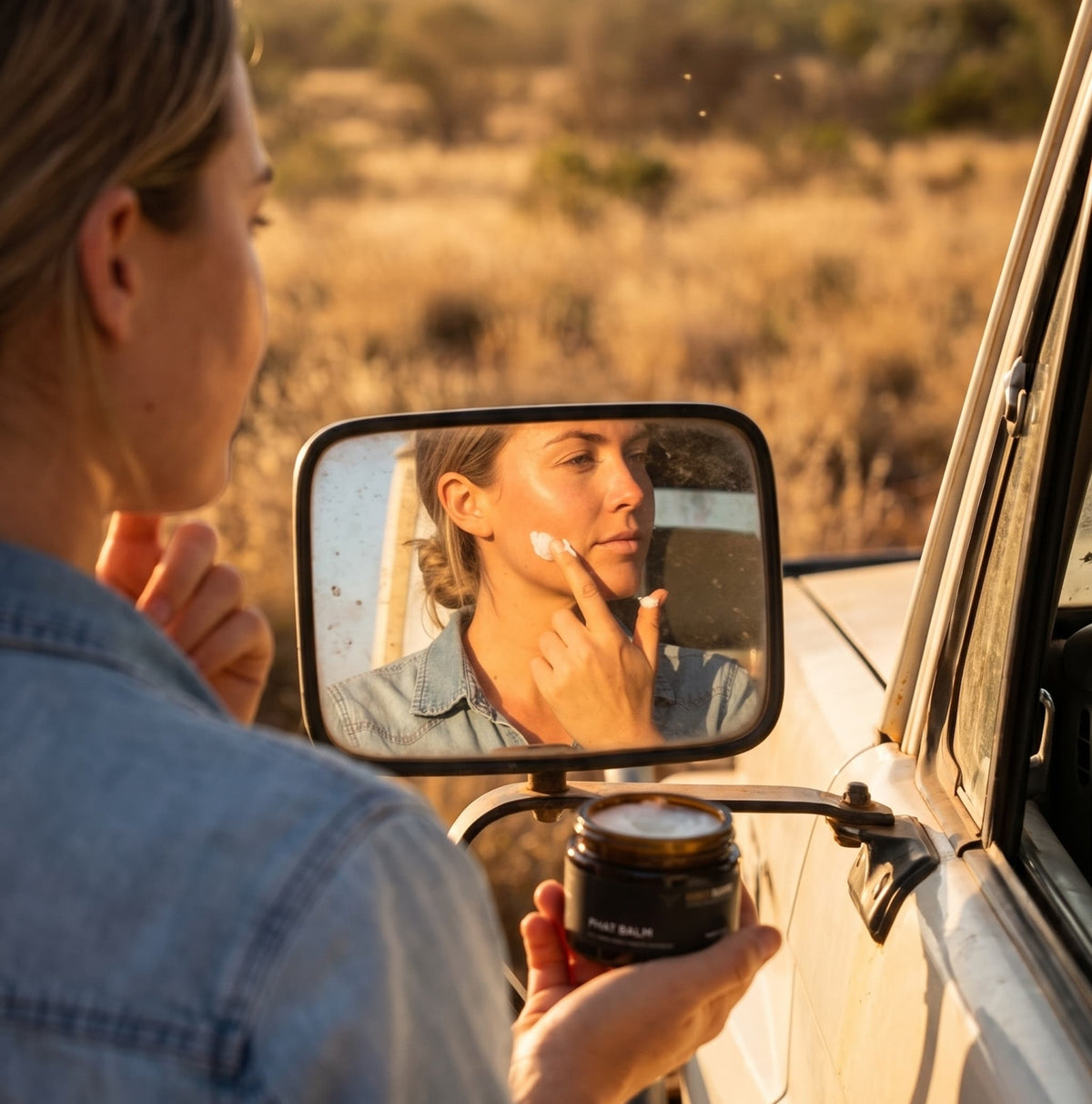 Woman applying PHAT BALM grass fed beef tallow balm to skin concentrated natural skincare for dry cracked stressed eczema and psoriasis prone skin no synthetic fragrance fast dispatch Australia wide free shipping over $100 Outback Tallow Co Townsville Queensland Australia