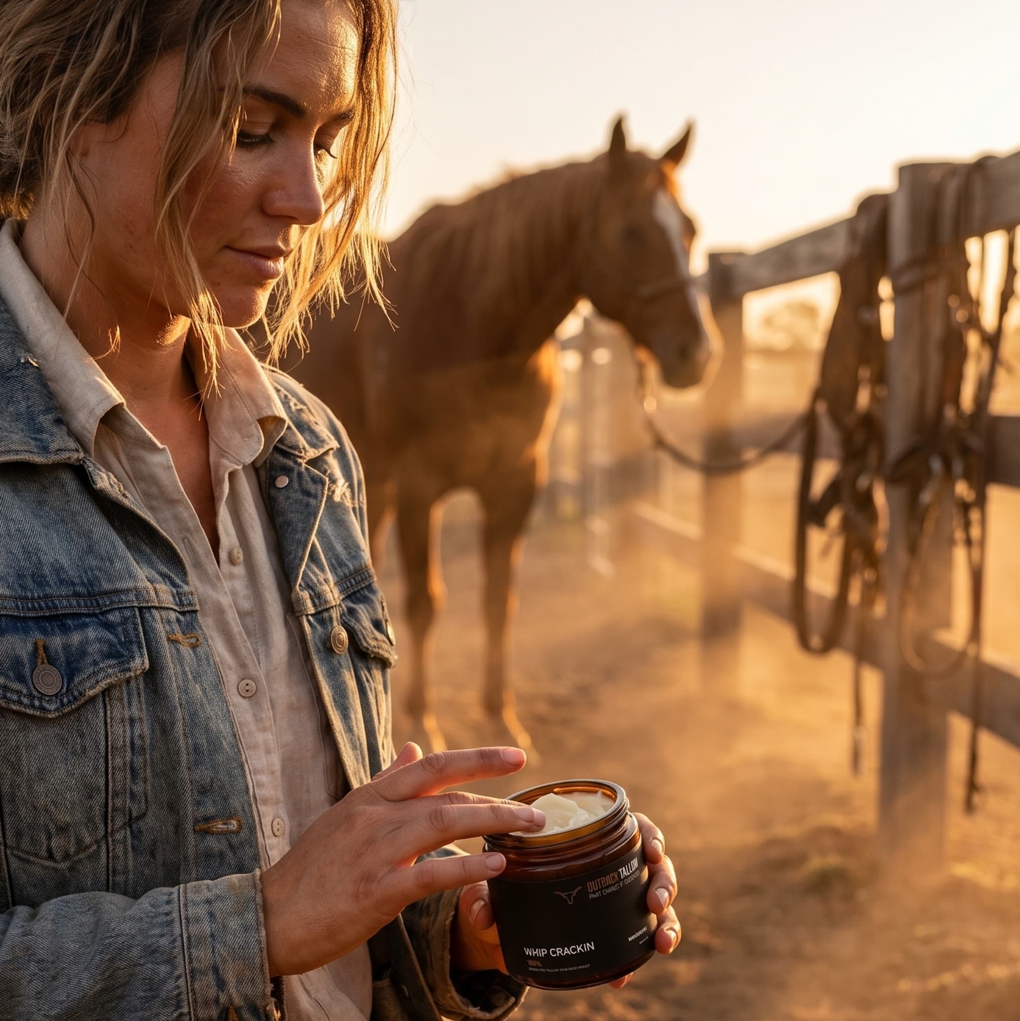 Woman using Outback Tallow Co whip crackin skincare on an Australian outback