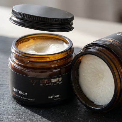 PHAT BALM grass fed beef tallow balm for dry cracked skin two jars one open showing firm balm texture natural skincare eczema psoriasis sensitive skin no synthetic fragrance fast dispatch Australia wide free shipping over $100 Outback Tallow Co Townsville Queensland Australia