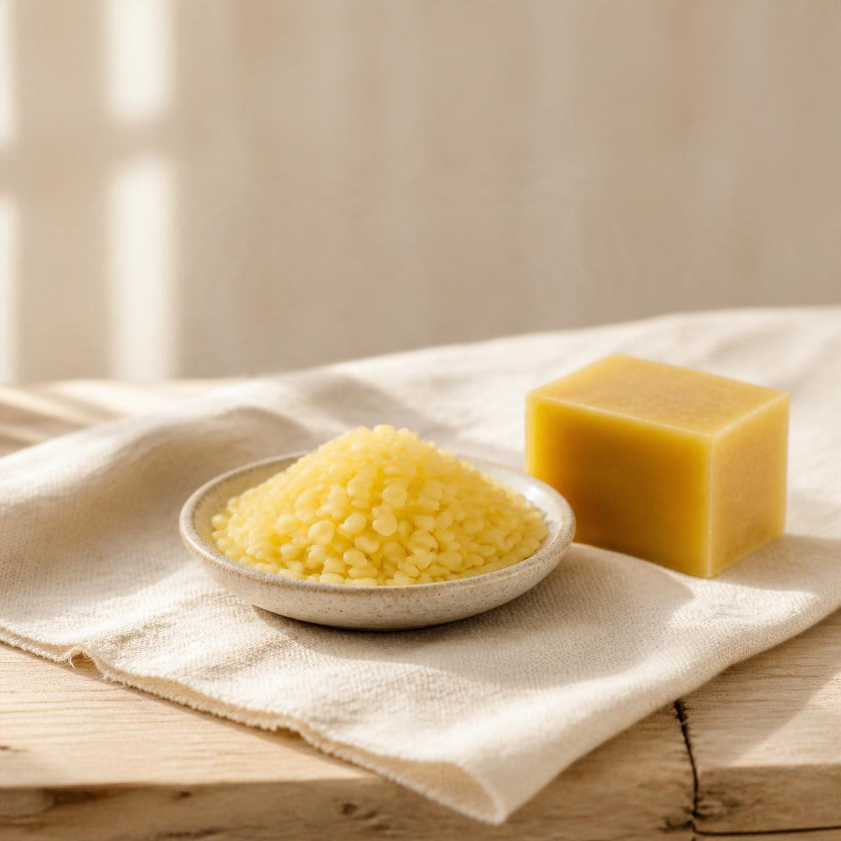 Beeswax pellets and a beeswax block, an ingredient in Outback Tallow Co tallow balm. AI-generated image.