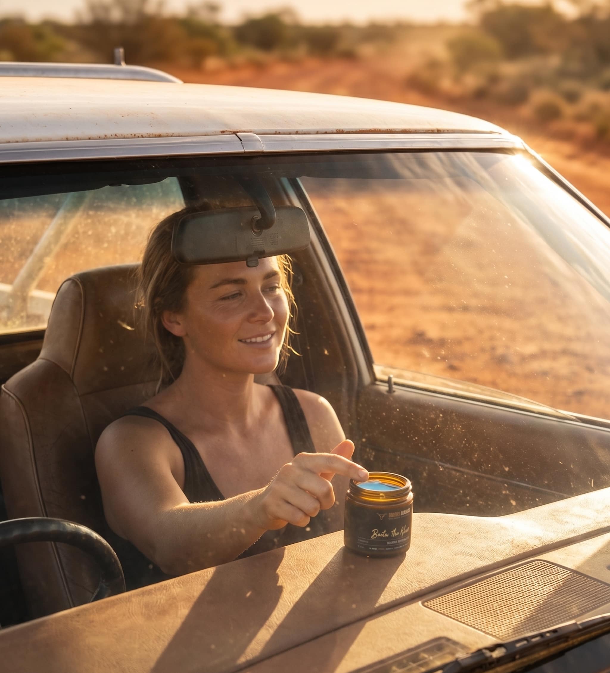 Woman in outback Australia ute holding Bootin the Blues grass-fed beef tallow balm for sensitive skin eczema psoriasis and rosacea golden sunset red dirt background natural skincare no synthetic fragrance fast shipping Australia wide – Outback Tallow Co Townsville Queensland Australia