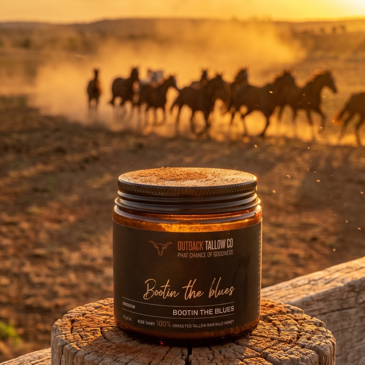 Bootin the Blues natural grass-fed beef tallow balm for sensitive skin eczema psoriasis and rosacea on timber post with horses mustering in outback Australia sunset natural Australian skincare no synthetic fragrance fast shipping Australia wide – Outback Tallow Co Townsville Queensland Australia