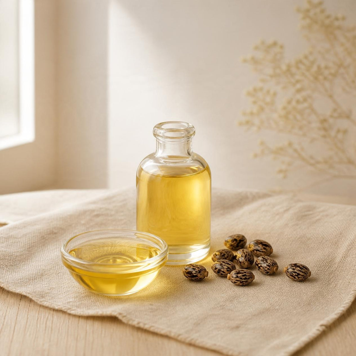 Castor oil in a glass bottle with castor beans, an ingredient in Outback Tallow Co tallow balm. AI-generated image.