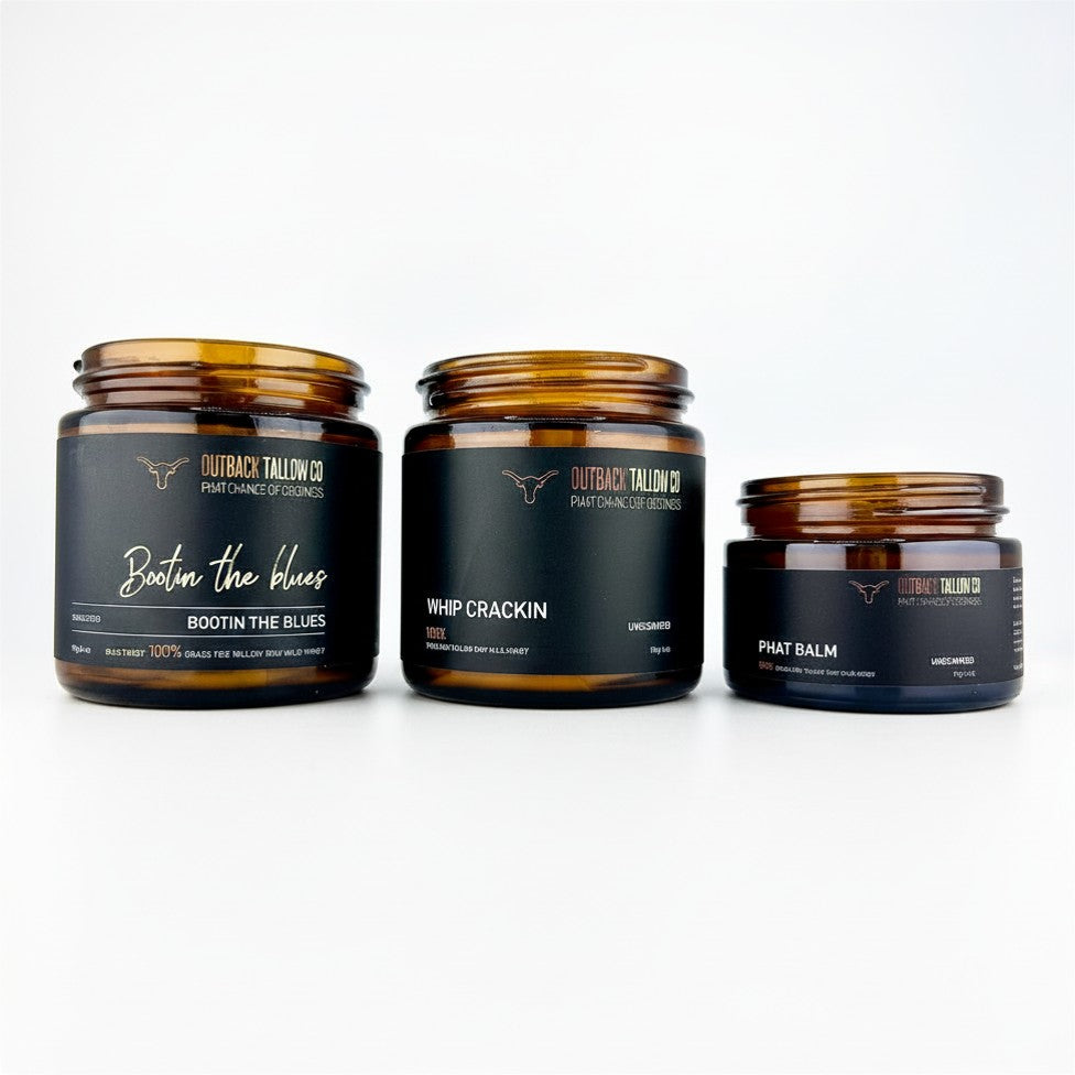 Three jars of Outback Tallow Co products on a white background