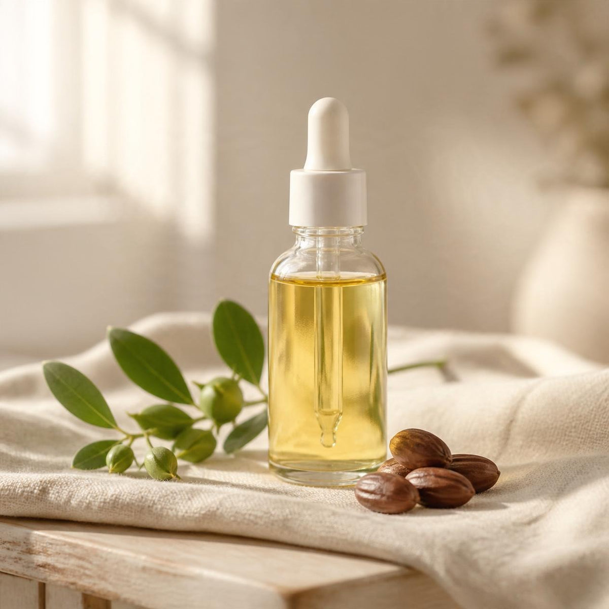 Jojoba oil in a dropper bottle with jojoba leaves and seeds, an ingredient in Bootin' the Blues whipped tallow balm. AI-generated image.