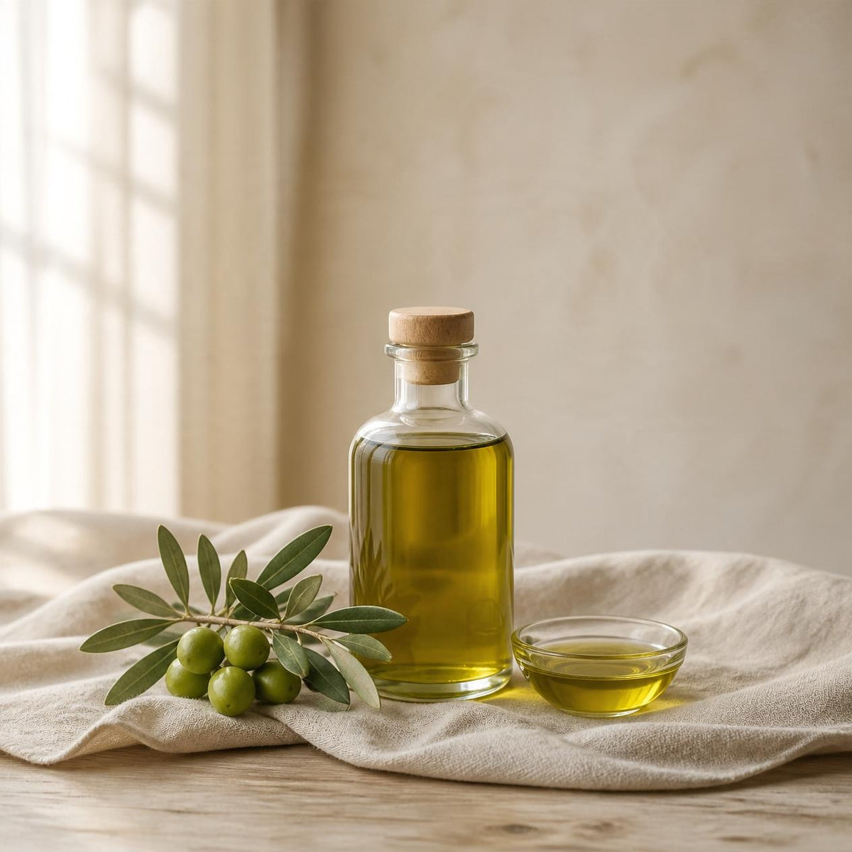 Olive oil in a glass bottle with an olive branch, an ingredient in Outback Tallow Co tallow skincare. AI-generated image.