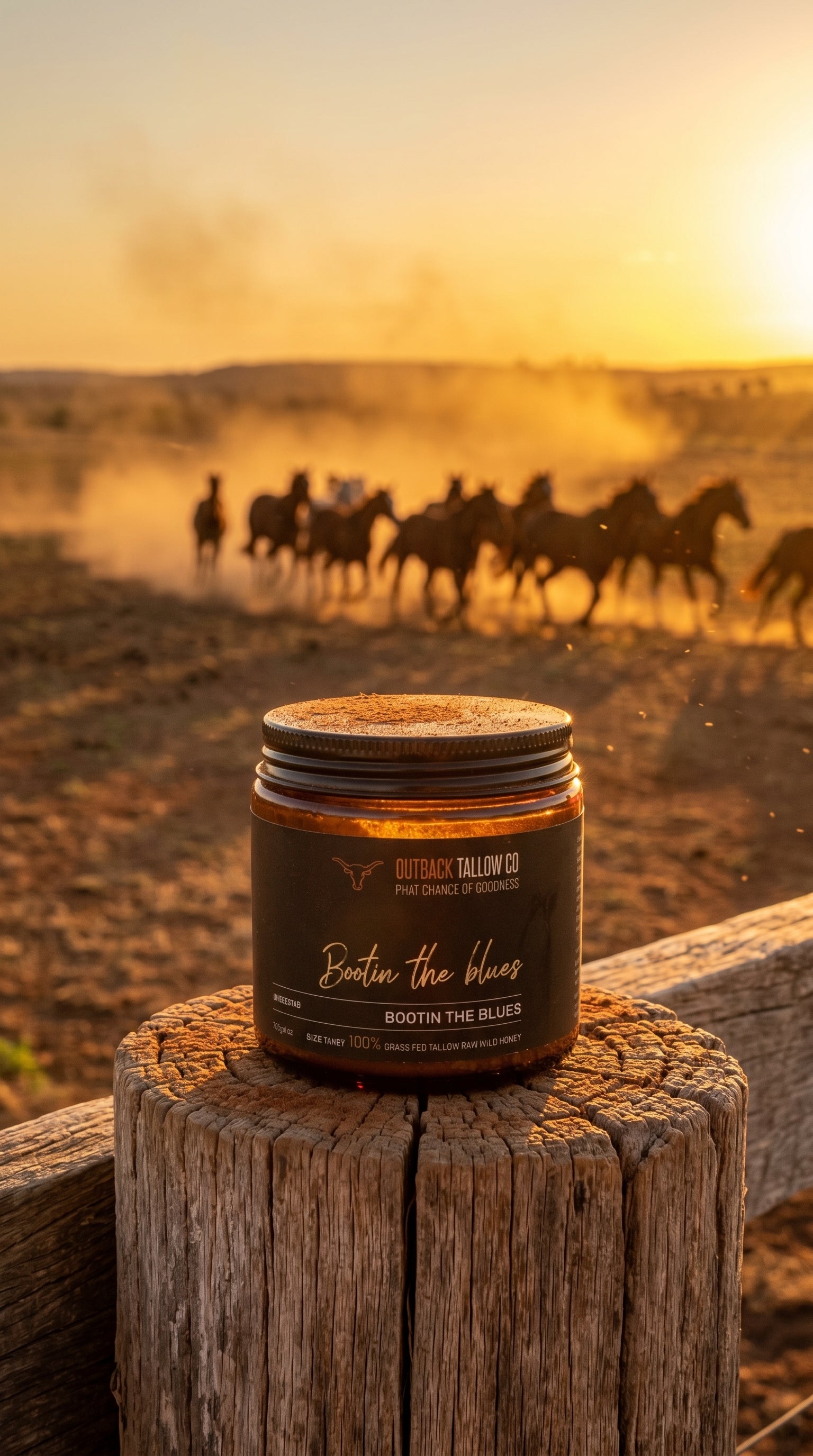 Bootin the Blues grass fed beef tallow balm for sensitive skin eczema psoriasis and rosacea on timber post with horses mustering in outback Australia sunset natural skincare no synthetic fragrance fast dispatch free shipping over $100 Outback Tallow Co Townsville Queensland Australia