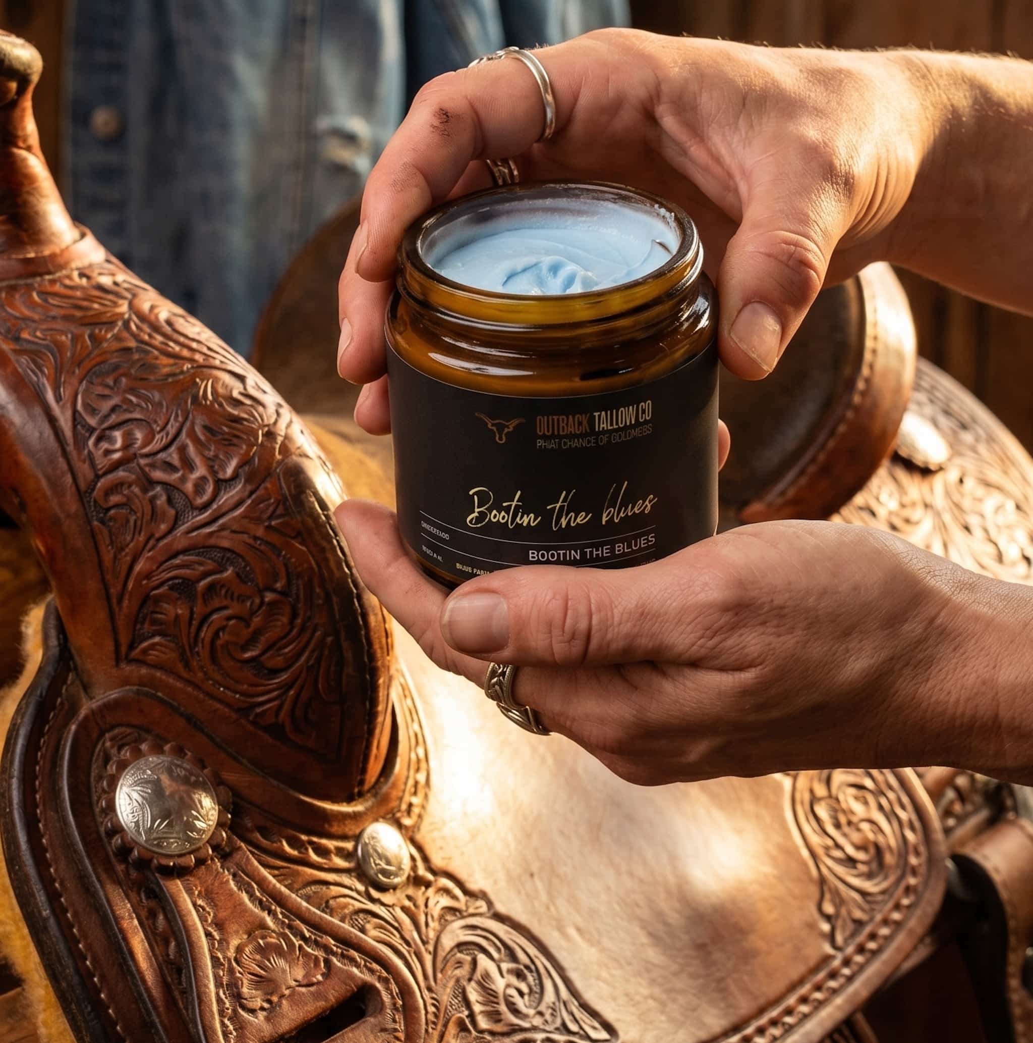 Hands holding Bootin the Blues grass fed beef tallow balm for sensitive skin eczema psoriasis and rosacea over tooled leather saddle outback natural Australian skincare no synthetic fragrance fast dispatch free shipping over $100 Outback Tallow Co Townsville Queensland Australia