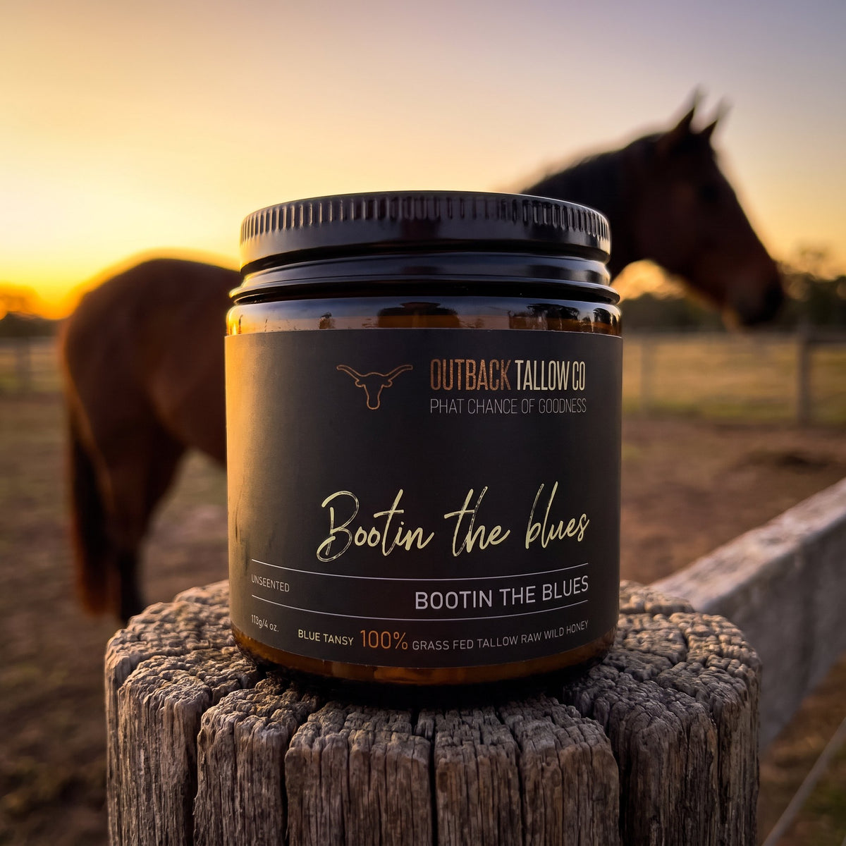 Bootin' the Blues jar on a fence post with a horse at sunset (AI-generated image)