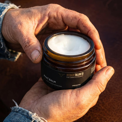 PHAT BALM grass fed beef tallow balm being applied to dry cracked hands natural skincare for eczema psoriasis sensitive and reactive skin no synthetic fragrance fast dispatch Australia wide free shipping over $100 Outback Tallow Co Townsville Queensland Australia