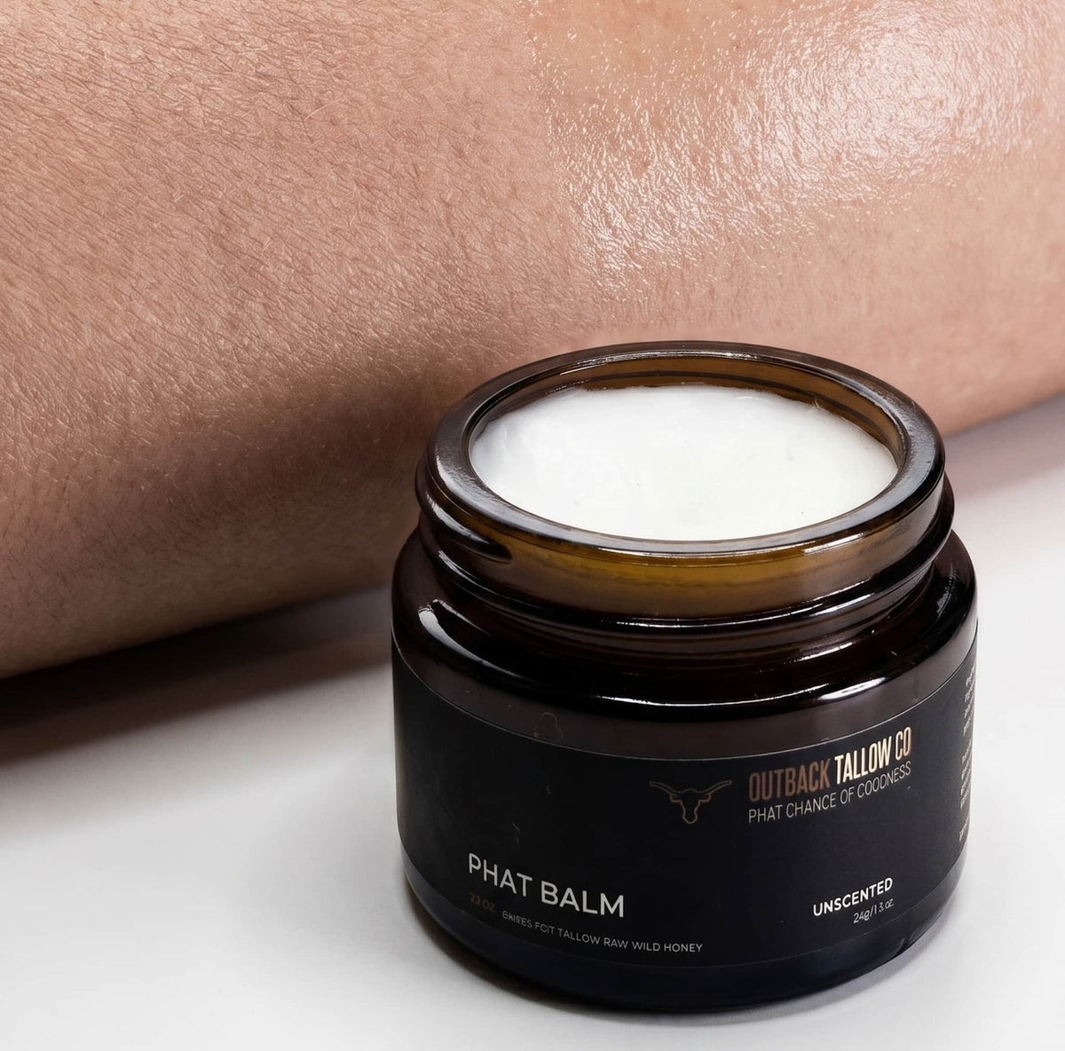 PHAT BALM grass fed beef tallow balm firm concentrated texture closeup showing rich natural balm for dry cracked and stressed skin natural skincare no synthetic fragrance fast dispatch Australia wide free shipping over $100 Outback Tallow Co Townsville Queensland Australia