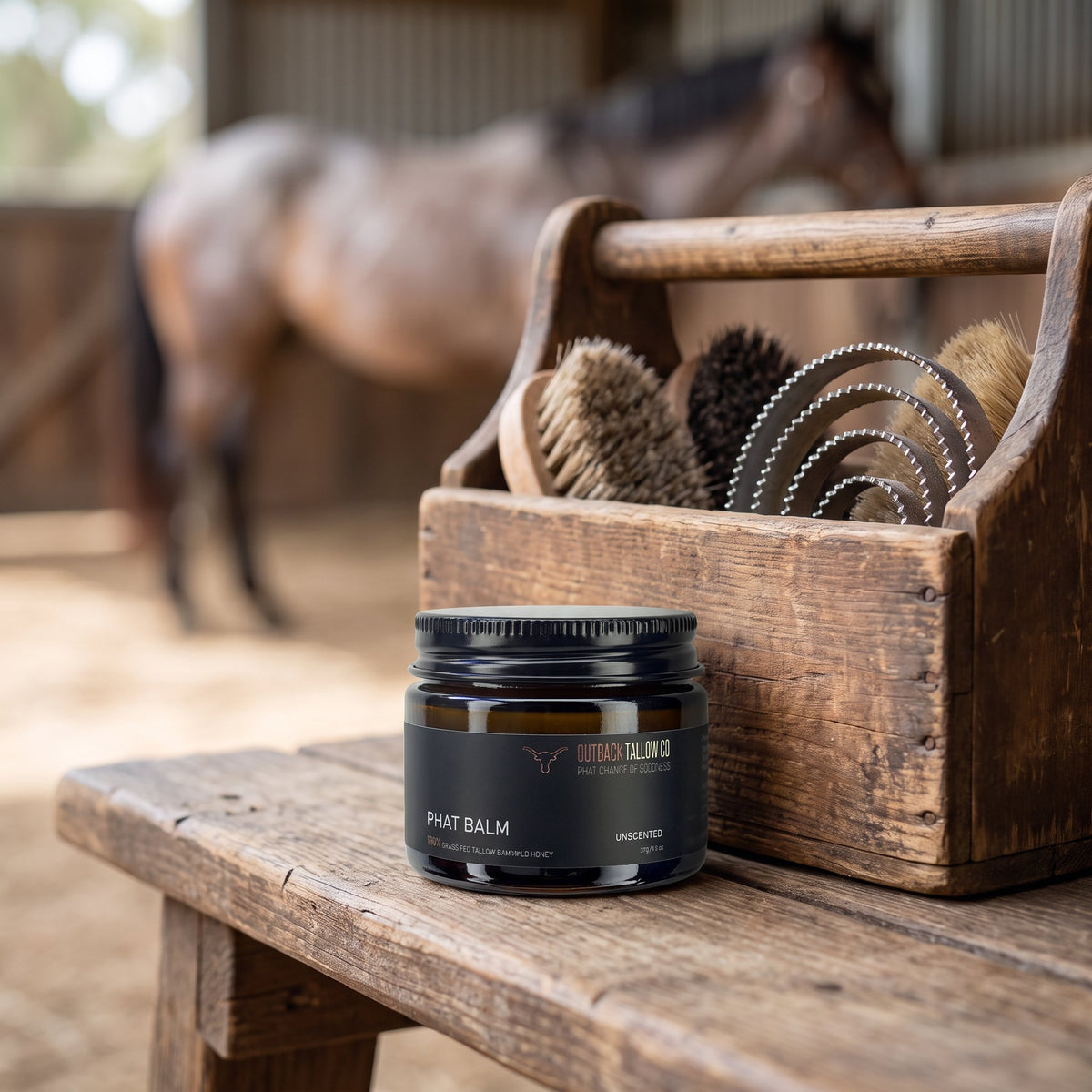 PHAT Balm jar on a stable bench beside a grooming kit, with a horse behind (AI-generated image)