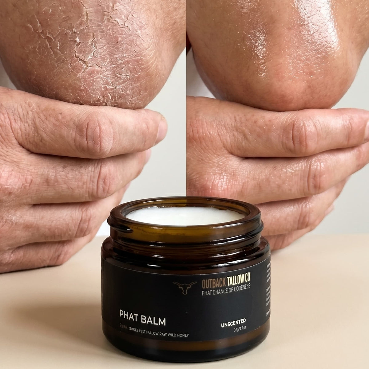 PHAT BALM grass fed beef tallow balm firm concentrated texture closeup showing rich natural balm for dry cracked and stressed skin natural skincare no synthetic fragrance fast dispatch Australia wide free shipping over $100 Outback Tallow Co Townsville Queensland Australia