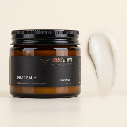 PHAT Balm 37g rich beef tallow and honey balm jar with a swatch of the balm (AI-generated image)