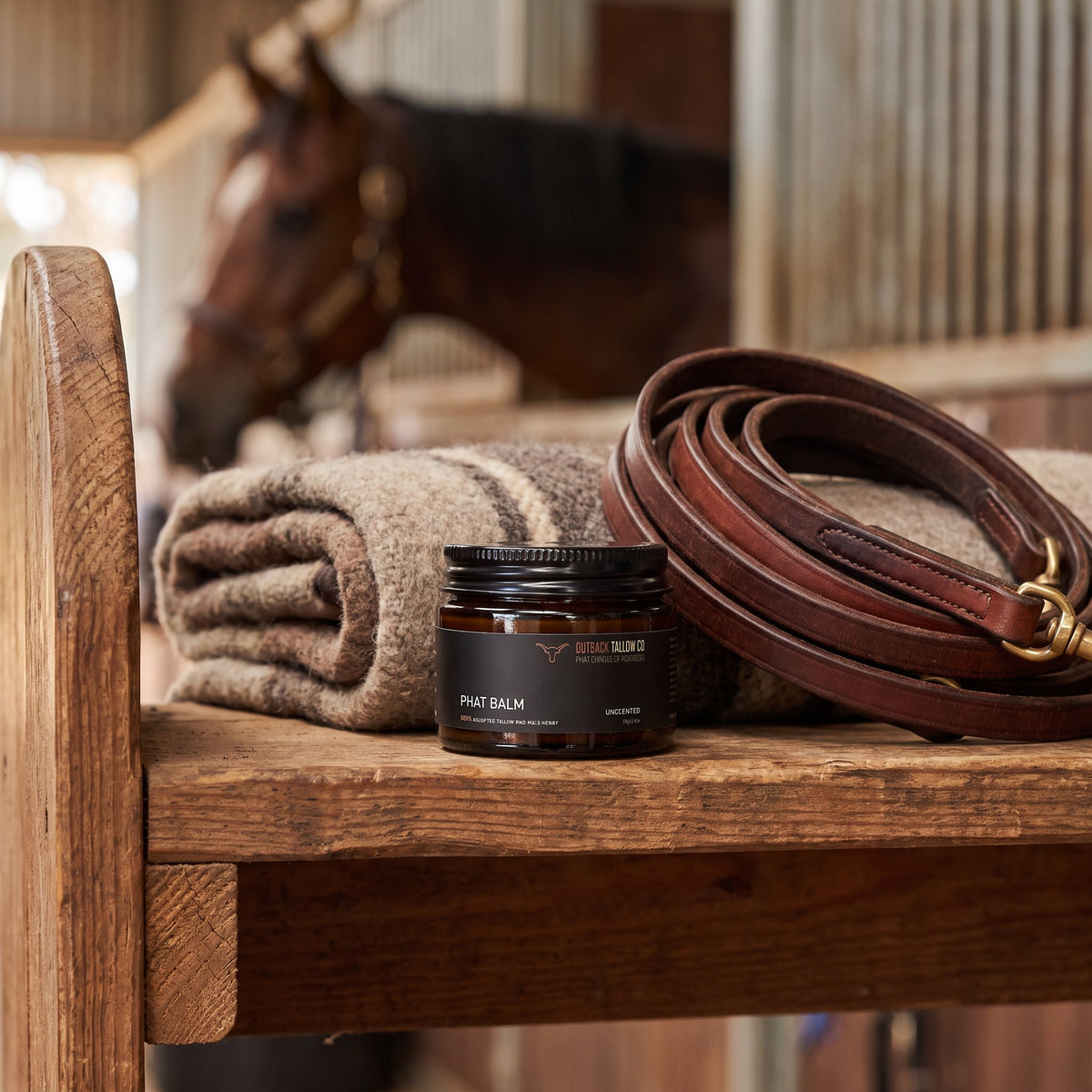 PHAT Balm beef tallow balm jar on a stable bench with a horse blanket and leather lead (AI-generated image)