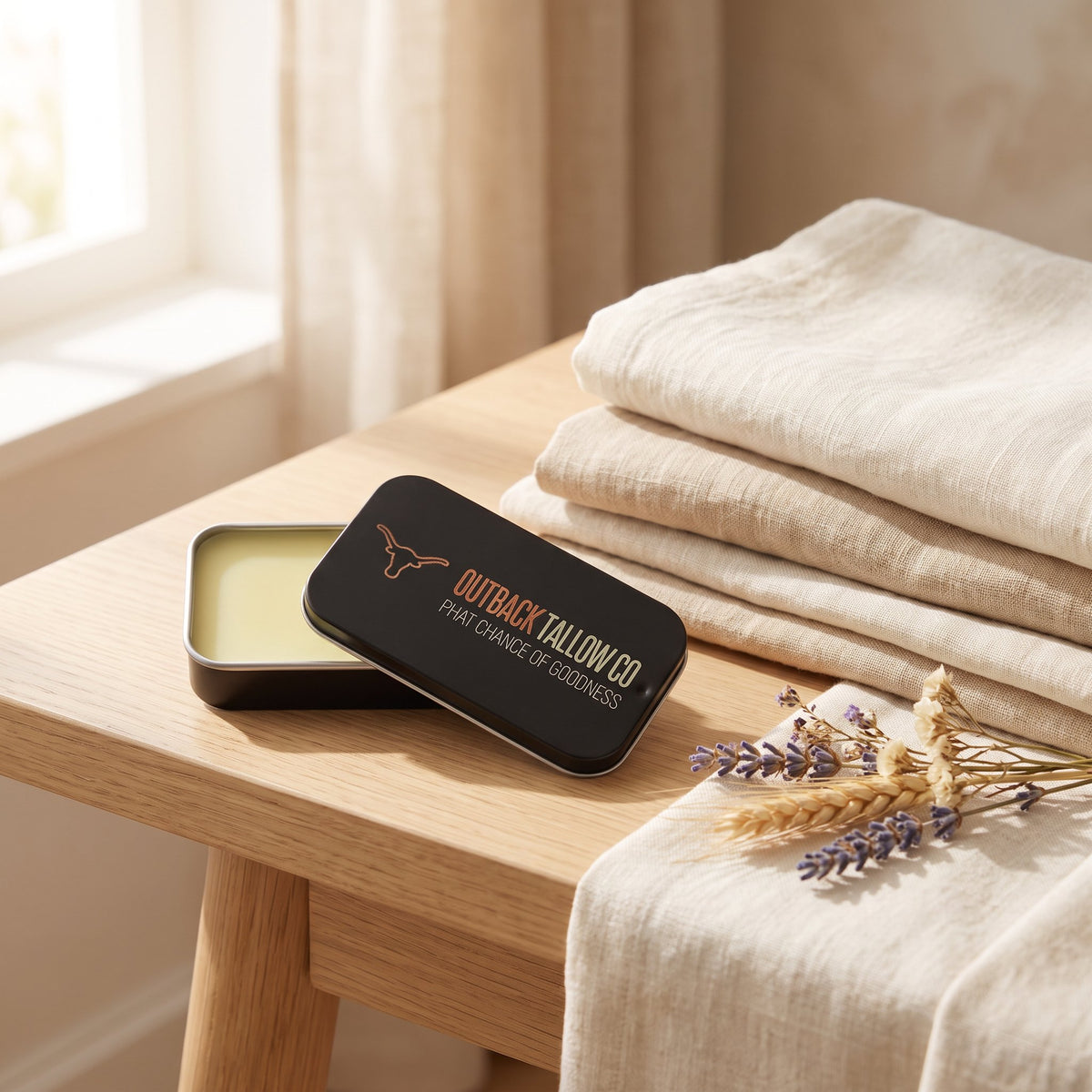 The OG slide tin on a timber bench with folded linen and dried lavender (AI-generated image)