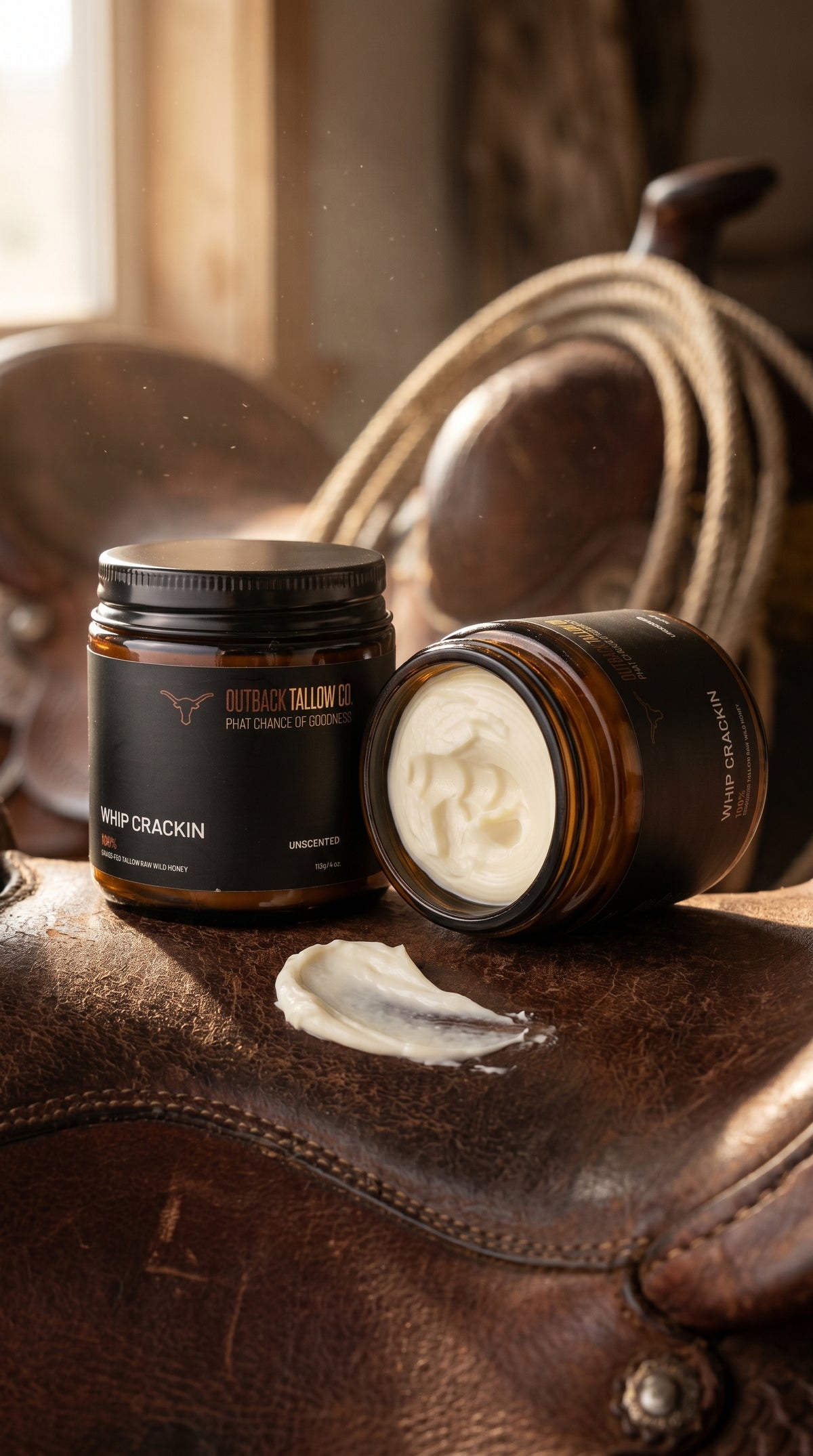 Outback Tallow Co Whip Crackin whipped grass fed beef tallow balm two jars on leather saddle natural skincare for dry sensitive eczema and psoriasis prone skin no synthetic fragrance fast dispatch free shipping over $100 Australia