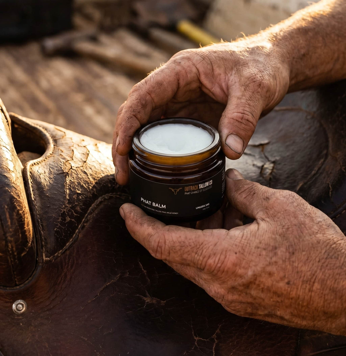 PHAT BALM grass fed beef tallow balm outback Australia lifestyle shot concentrated natural skincare for dry cracked hard working skin eczema psoriasis rosacea no synthetic fragrance fast dispatch Australia wide free shipping over $100 Outback Tallow Co Townsville Queensland Australia