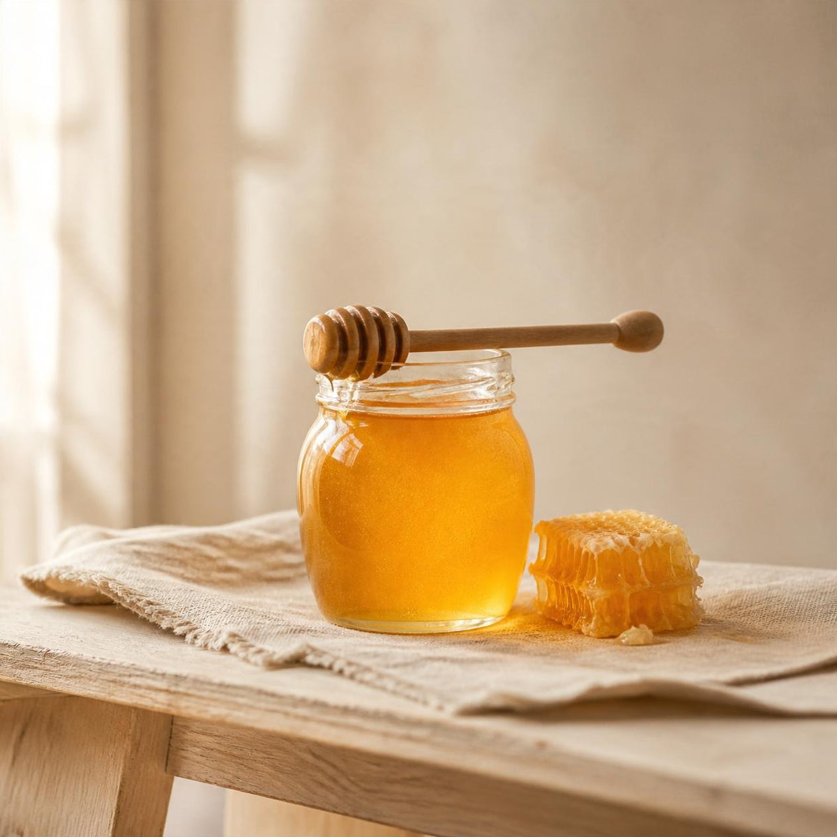 Raw honey in a glass jar with a honey dipper and honeycomb, an ingredient in Outback Tallow Co tallow balm. AI-generated image.