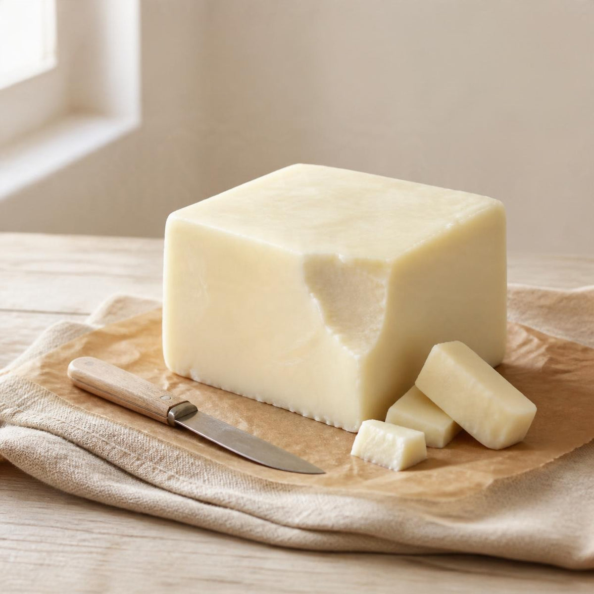 A block of pure rendered grass-fed beef tallow with a corner cut away, the main ingredient in Outback Tallow Co tallow balms. AI-generated image.