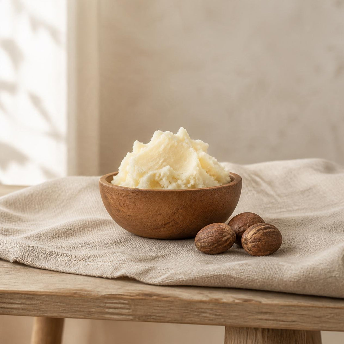 Shea butter in a wooden bowl with shea nuts, an ingredient in Whip Crackin' whipped tallow body moisturiser. AI-generated image.