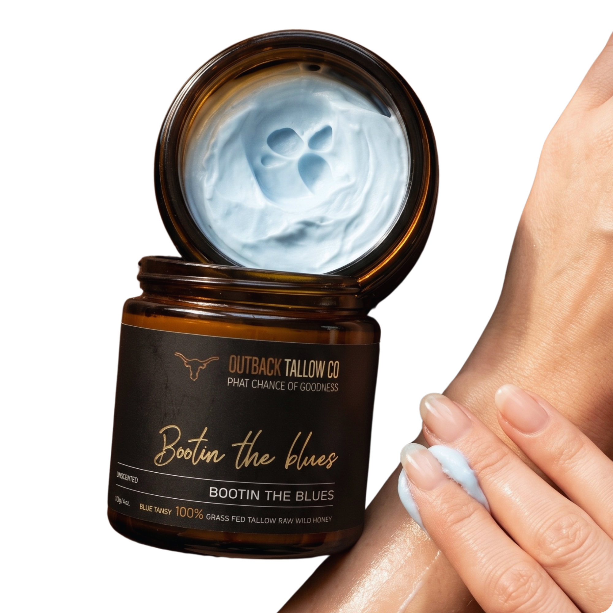 Bootin the Blues whipped grass-fed beef tallow balm for sensitive skin eczema psoriasis and rosacea open jar showing blue tansy texture with hand applying to skin natural Australian skincare no synthetic fragrance – Outback Tallow Co Townsville Queensland Australia
