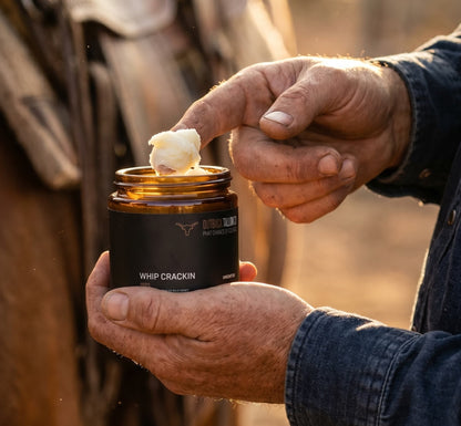 Applying Whip Crackin whipped beef tallow balm outdoors