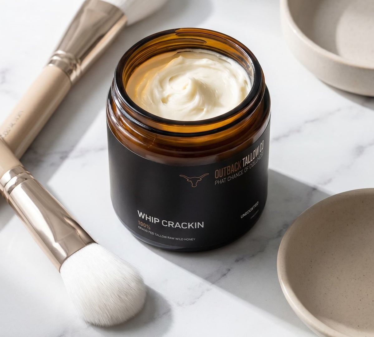 Outback Tallow Co Whip Crackin jar with make up brush